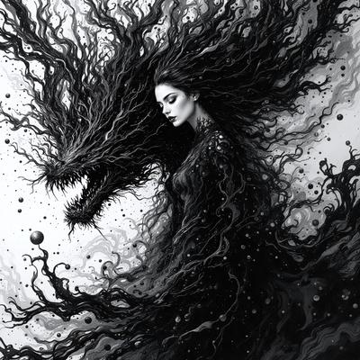The primary subject of the image is a woman with long, flowing hair, who is depicted as a mermaid. She is surrounded by a swirling, dark, and somewhat chaotic background, which adds to the overall mood of the scene. The visual style of the image is a combination of digital art and illustration, creating a unique and captivating piece of art. The colors in the image are predominantly dark, with some hints of red and orange, which contribute to the dramatic and mysterious atmosphere.